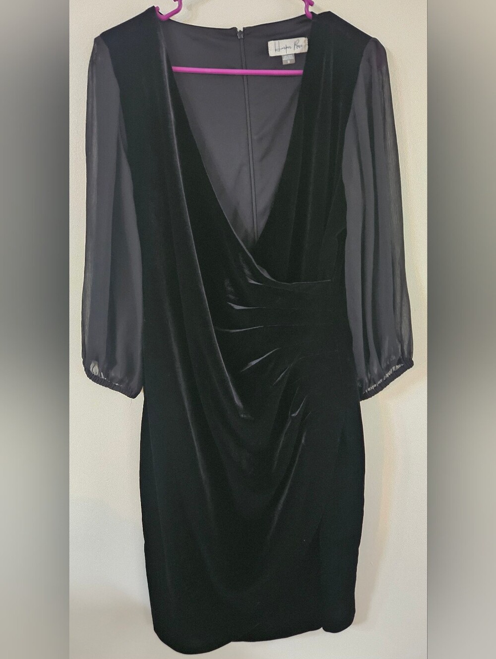 Harper Black Velvet Wrap-Style Midi Dress with Sheer Sleeves. Formal, Holiday
